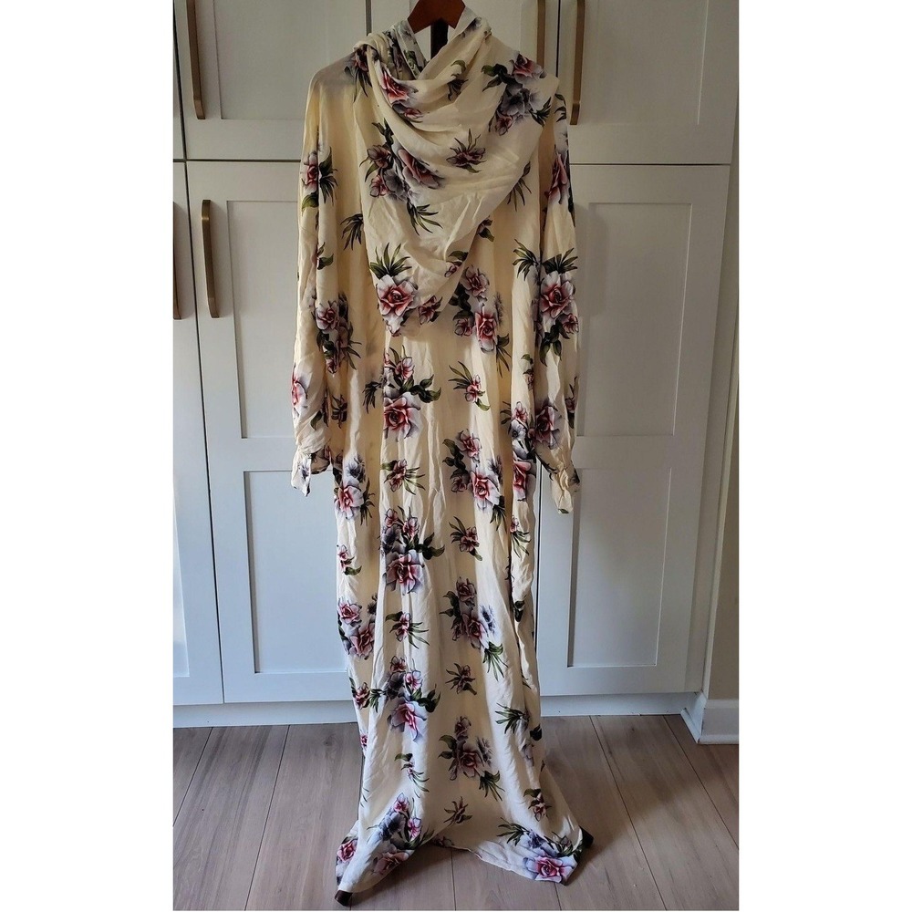 Kaftan Dress Womens M White Floral Print Long Sleeve Maxi Zip Casual Summer‎